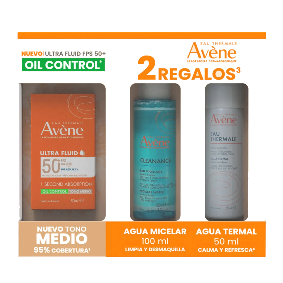 kit Avène Ultra Fluid Oil Control Tono Medio FPS 50+ 50m+ Agua Micelar Cleanance 100ml + Agua Termal