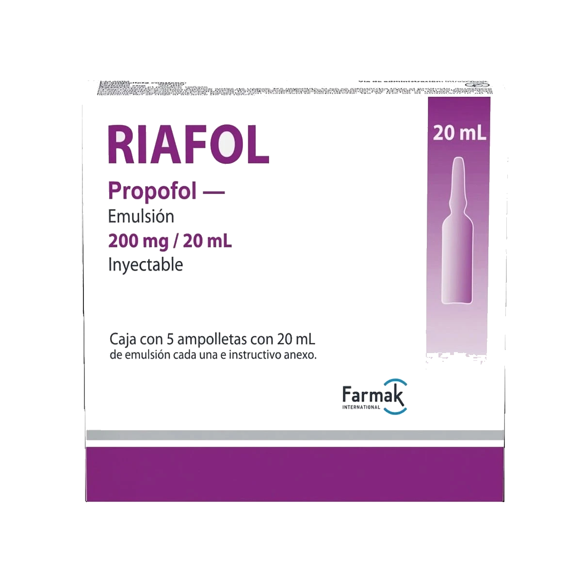 Riafol Propofol Emulsión 200 mg/20 ml Inyectable Caja Con 5 Ampolletas
