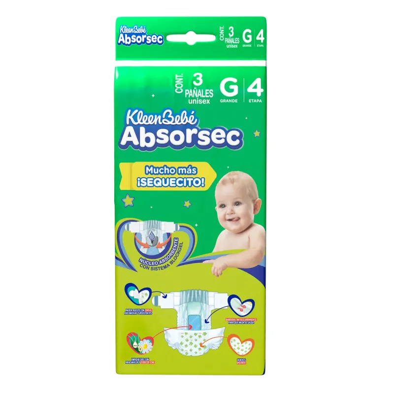 Pañal Kleen Bebé Absorsec Ultra Grande Con 3 Piezas