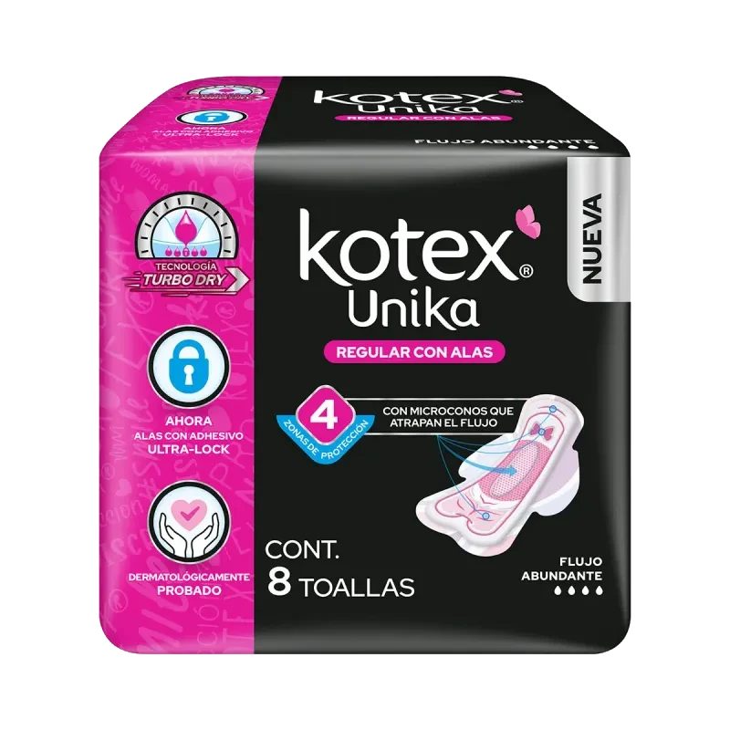 Toallas Sanitarias Kotex Unika Regular con Alas 8 Piezas