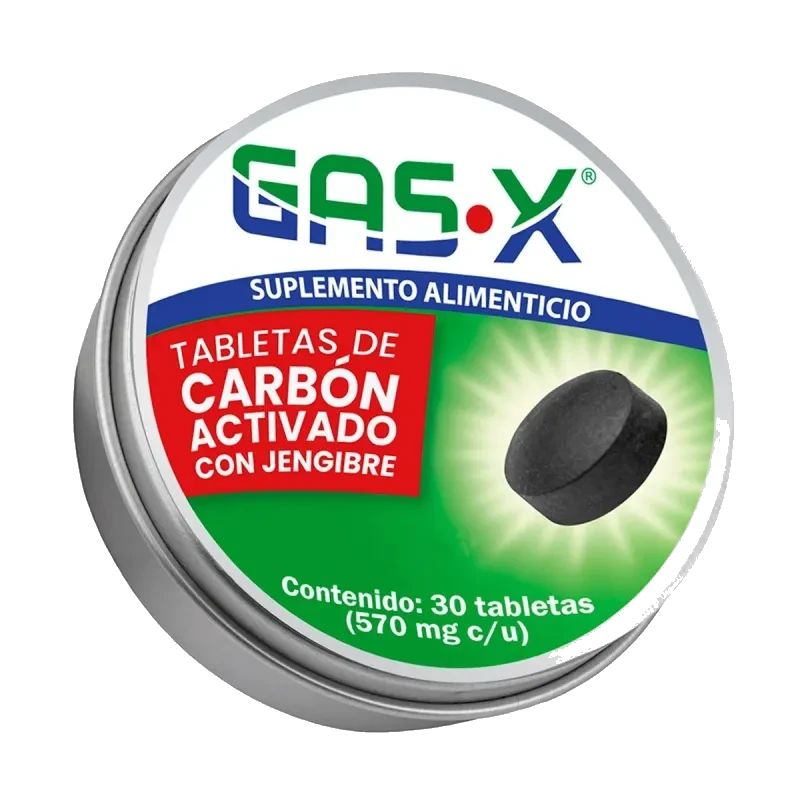 Gas-X Suplemento Alimenticio Tabletas De Carbón Activado Con Jengibre 30 Piezas De 570 mg